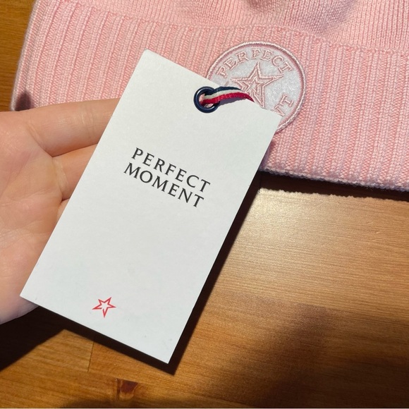 PERFECT MOMENT Patch Beanie Pure Pink NWT 100% Extrafine Merino Wool Pom Pom Hat - Picture 15 of 16
